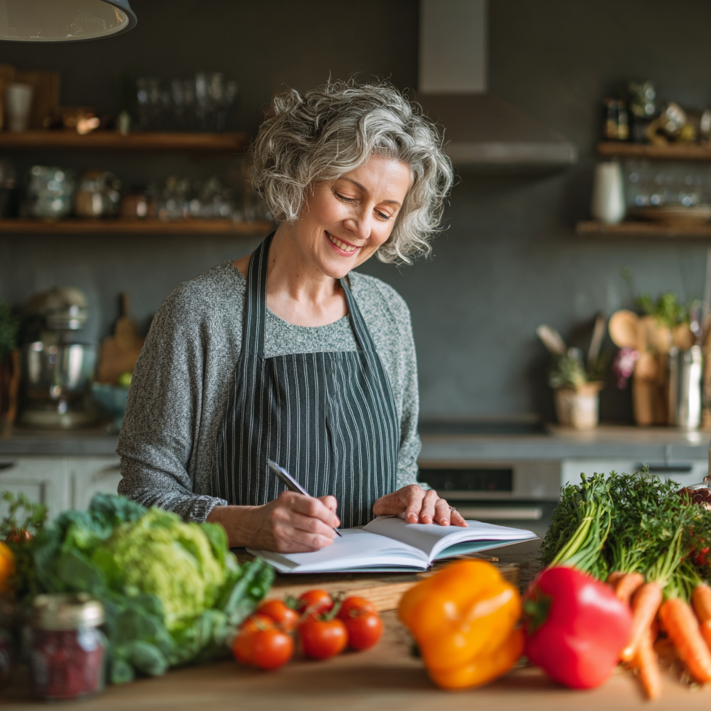 middle-aged woman preparing healthy meal with fresh vegetables and planning nutrition