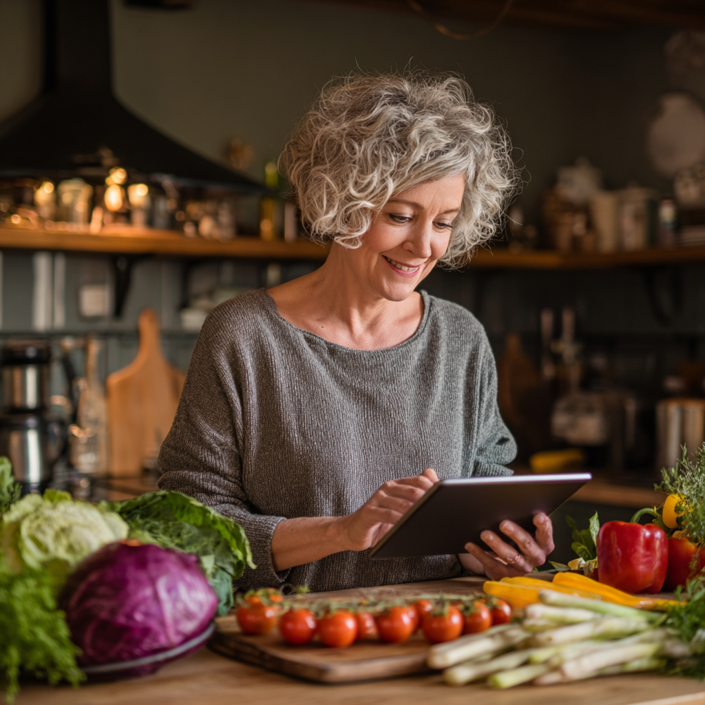 satisfied mature woman checking nutrition plan results on tablet while cooking